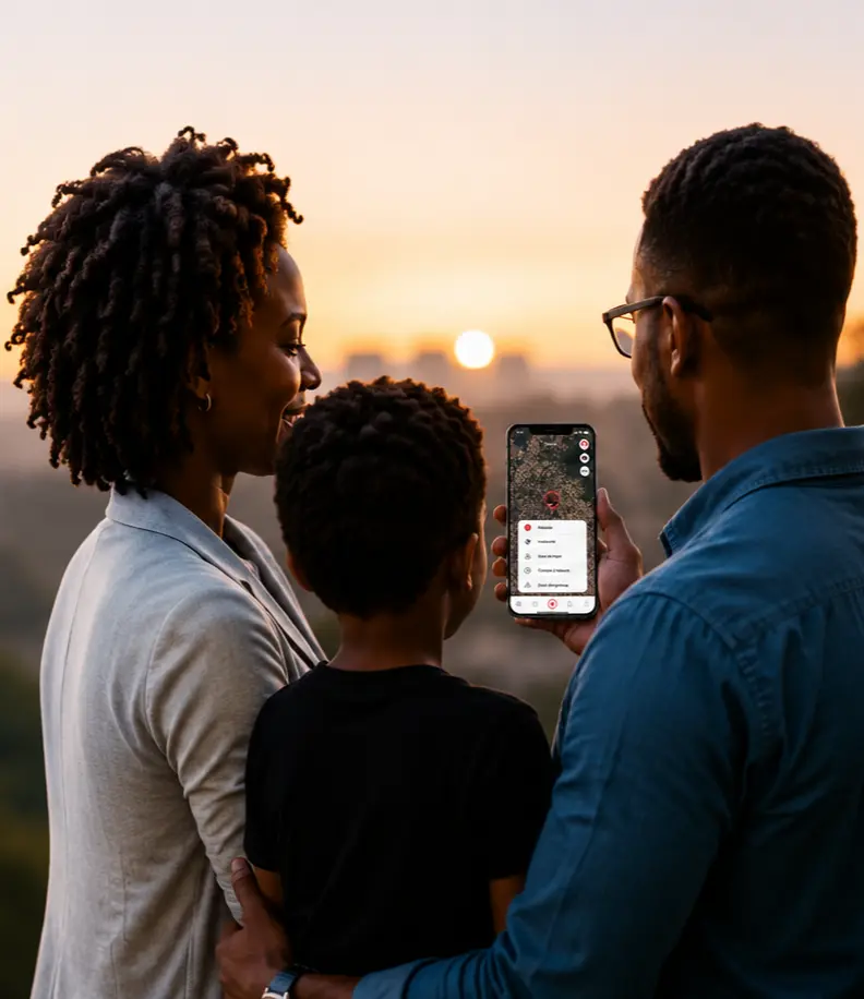 A family looking at the Save app on a phone at sunset